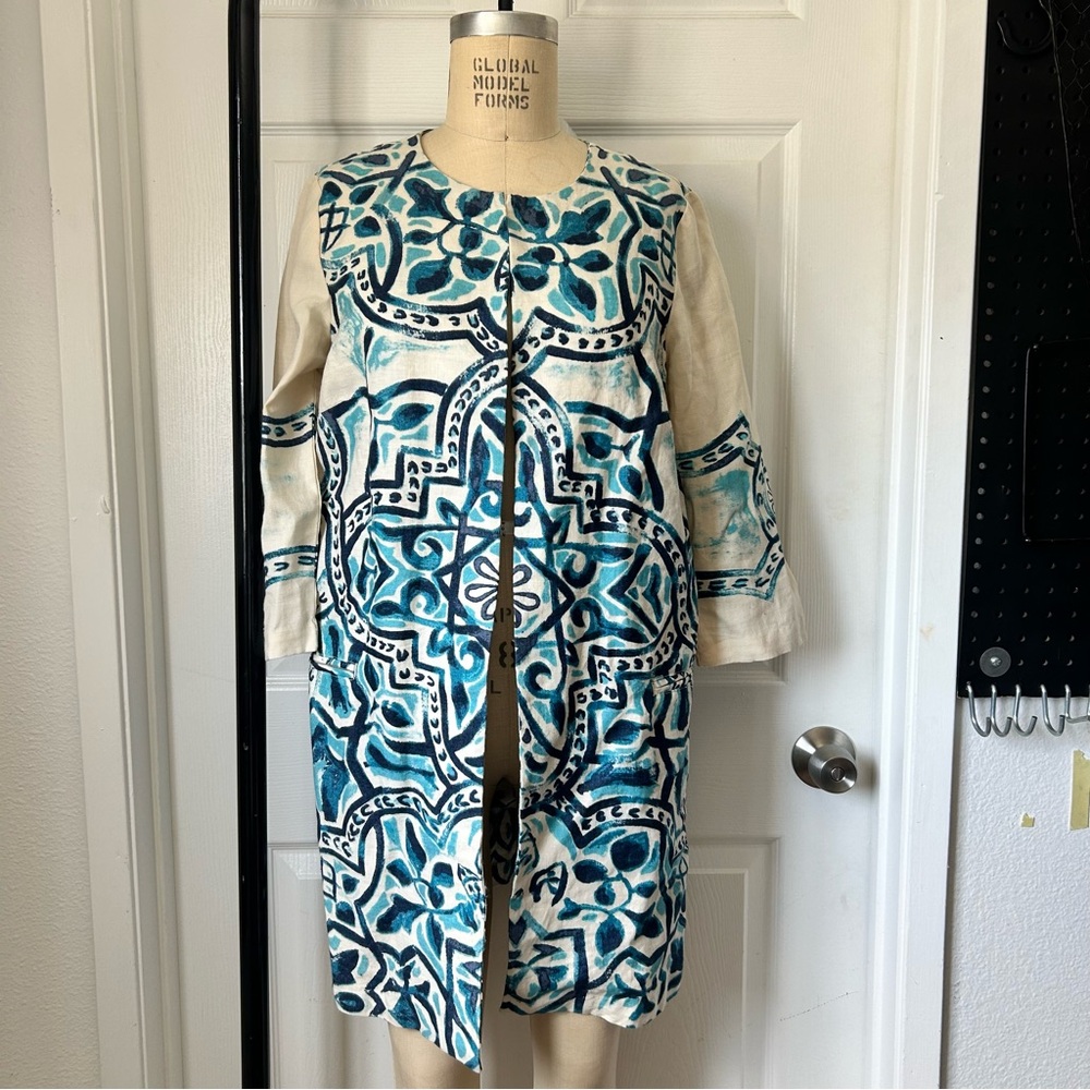 Chico's Blue and Cream Patterned Jacket